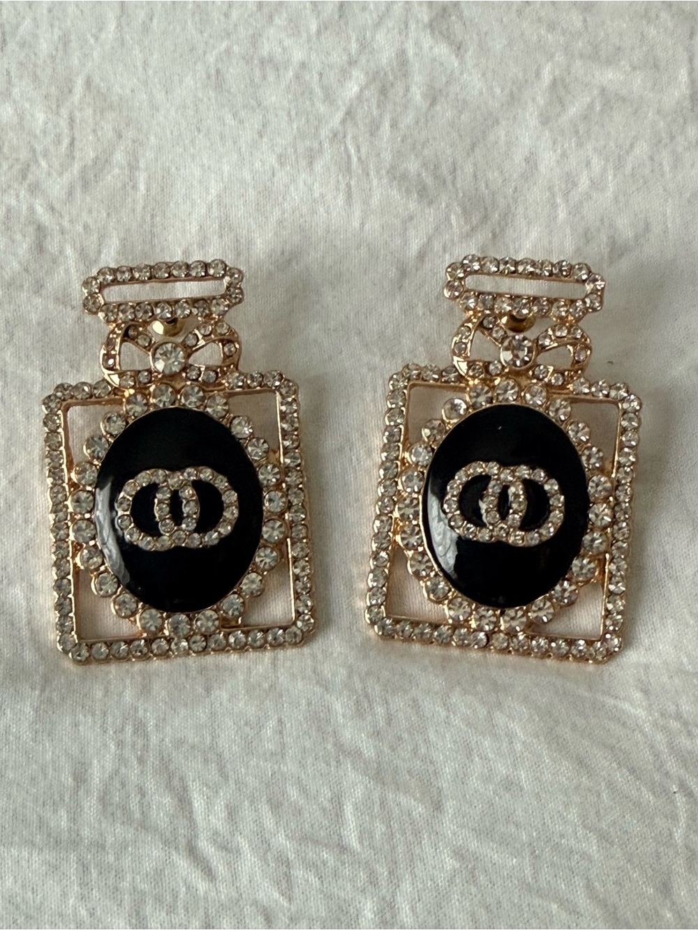 Luxury Black & Gold Crystal Perfume Bottle Earrings